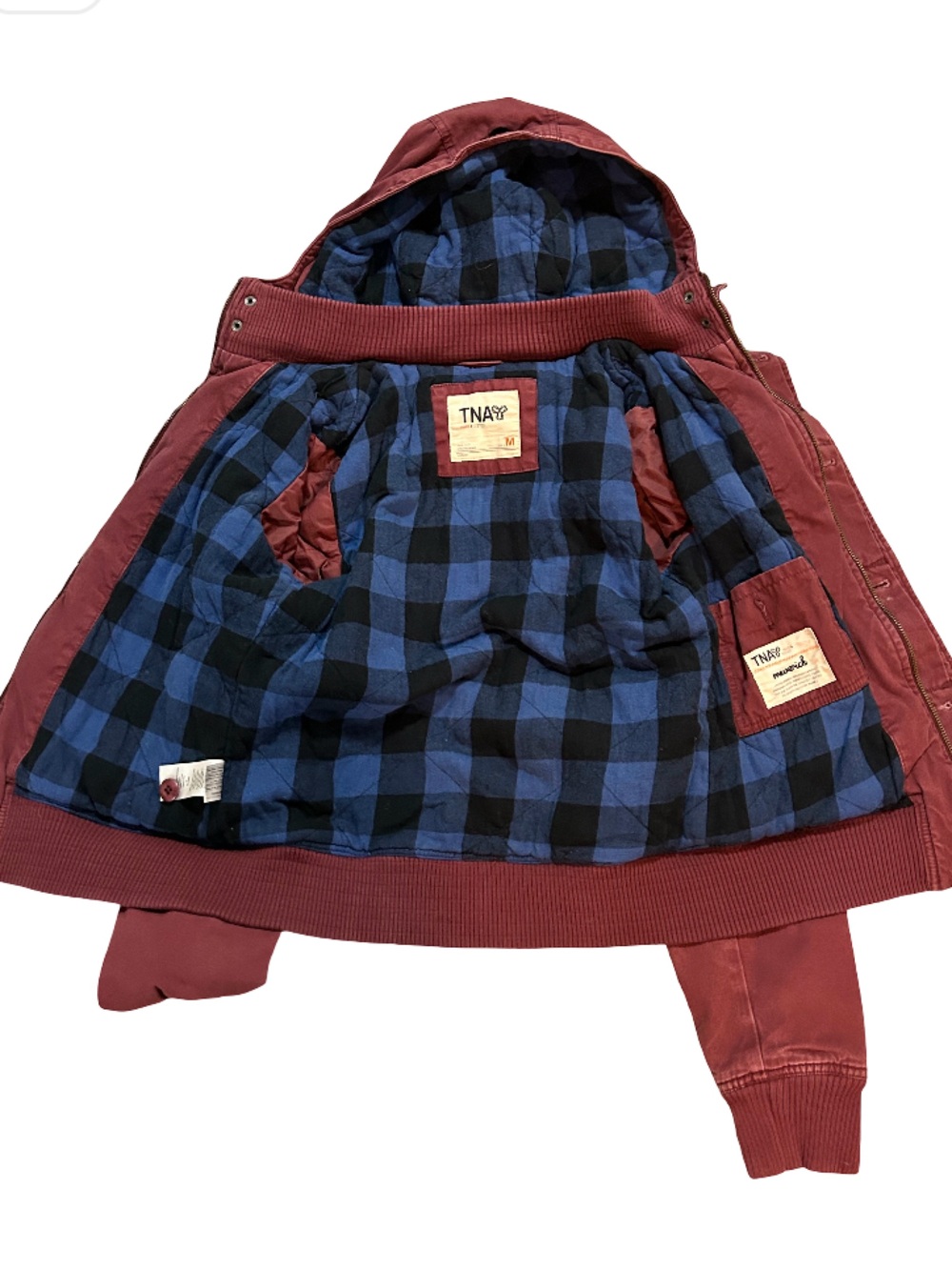 TNA MAVERICK Burgundy Jacket with Blue Plaid Lining And Removeable Hood